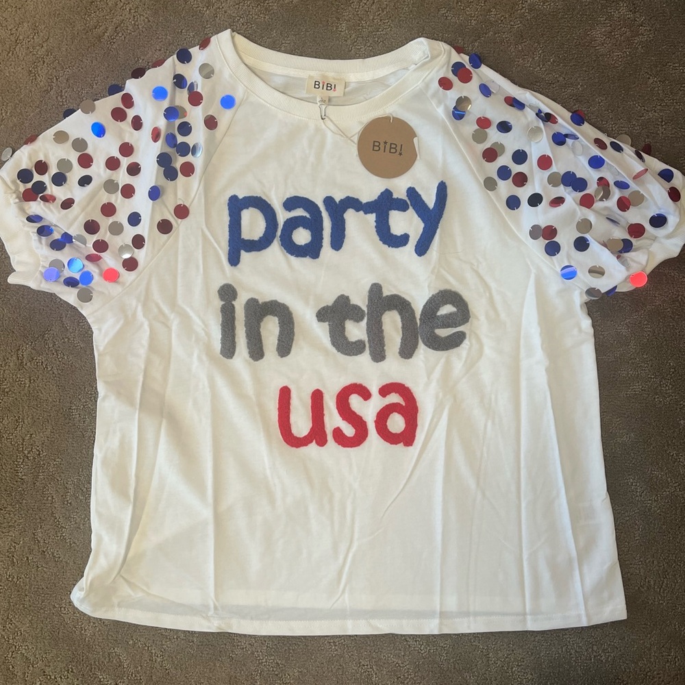 BiBi Red, White &Blue USA Sequined Tee Labor Day NWOT